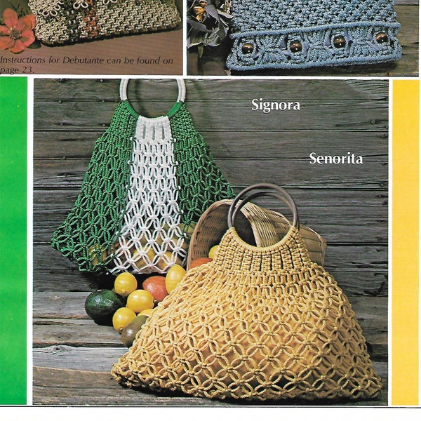 Lemon + Lime Purses • 1970s Macrame Bags Design Handbag Designs Purse Patterns • Market Bag How To Instruction Pattern Book 70s Vintage PDF