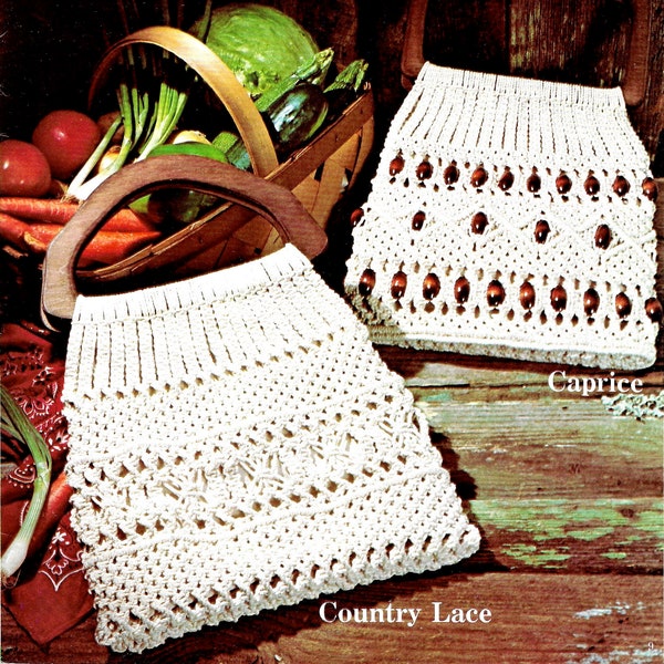 Country Lace + Caprice • 1970s White Macrame Bags Design Handbag Designs Purse Patterns • Macrame Bag Pattern Book 70s • Download PDF