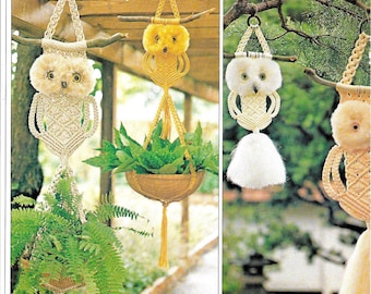 May include: Two macrame owl wall hangings, one in white and one in yellow. The white owl is hanging from a wooden branch and has a plant pot hanging from it. The yellow owl is hanging from a wooden branch. The text "Diamond Jim" is at the top of the image. The text "Plant Hanger" is below the white owl and the text "Wall Hanging" is below the yellow owl.