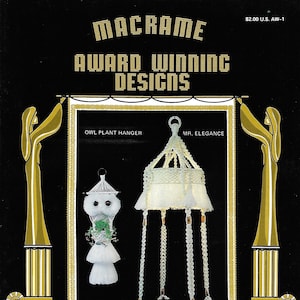 May include: Two macrame plant hangers, one shaped like an owl and the other a round hanging basket, with the text "OWL PLANT HANGER" and "MR. ELEGANCE" above them. The image also includes two photos of the winners of a macrame design competition, Cheryl Finlay and Joe Murphy.