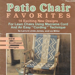 May include: A book titled "Patio Chair Favorites" with 14 new designs for lawn chairs using macrame cord and an easy "cording" technique. The book cover features a blue and beige macrame chair and footstool.