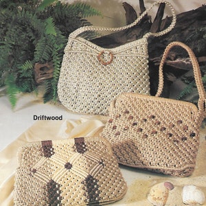 May include: Three crocheted bags in different designs. The bags are made with natural fibres and have a rustic, earthy look. The bags are labelled "Color Magic", "Driftwood", and "Desert Sands".