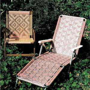 May include: Two pink and white woven chairs, one a folding chair and the other a lounger, are sitting on a bed of green ivy. The text "Misty Morning" and "Instructions on Page 10" are at the top of the image. The text "Colors of Spring" and "Instructions on Page 9" are at the bottom of the image.