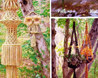 May include: Four macrame plant hangers in different styles and colors. The hangers are made with natural fibers and are hanging from trees in a forest setting. The hangers are labeled "Tiera", "Oulette", "Petite", "Mini", and "Simplicity".