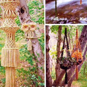 May include: Four macrame plant hangers in different styles and colors. The hangers are made with natural fibers and are hanging from trees in a forest setting. The hangers are labeled "Tiera", "Oulette", "Petite", "Mini", and "Simplicity".