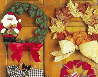 Vintage Plastic Canvas Pattern Book PDF • Christmas Wreath Pattern Santa Easter Egg Harvest Cat Xmas Fall Autumn Leaves Halloween Door Decor