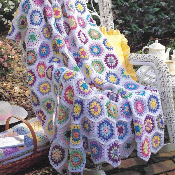 Vintage Crochet Afghan Pattern Book • Scrap Bag Afghans • Crochet Hexagon Motif Granny Square Hexagon Crochet Blanket Pattern • PDF ebook