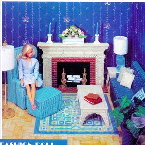 Vintage Plastic Canvas Pattern Book PDF • 11.5" Doll 1:12 Dollhouse Living Room Furniture Couch Plant Table Lamp Fireplace Candles Pillows