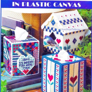Vintage Plastic Canvas Pattern Book PDF • Cottage Tudor House Tissue Box Cover Plastic Canvas Birdhouse Town Village Dollhouse Bird House