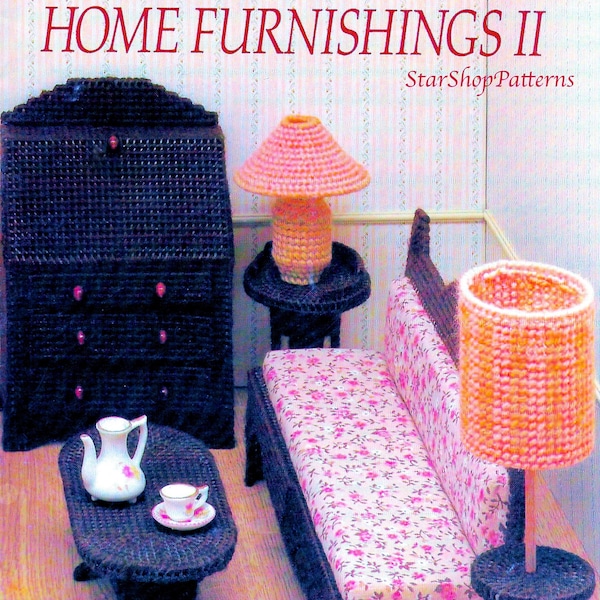 Vintage Plastic Canvas Pattern Book PDF 1:12 Scale Dollhouse Plan 11.5" Doll House Plastic Canvas eBook Living Room Table Lamp Pillow Couch
