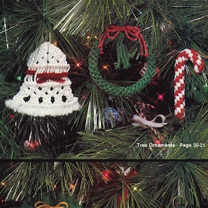 May include: A collection of handmade Christmas ornaments, including a bell, wreath, candy cane, stocking, and a Christmas tree. The ornaments are made with yarn and are decorated with red, white, and green colors. The ornaments are displayed on a Christmas tree.