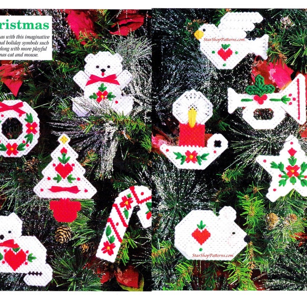 Vintage Plastic Canvas Pattern PDF Download Christmas Mini Ornament Magnet Xmas Teddy Bear Wreath Tree Cat Candy Cane Dove Candle Star Mouse