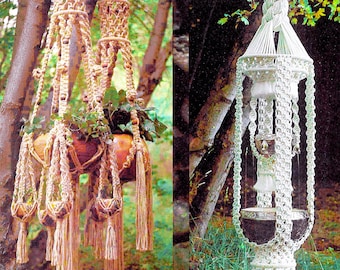 May include: Two macrame plant hangers, one brown and one white, hanging from tree branches. The brown macrame hanger is labeled "Le Grand Page 9" and the white macrame hanger is labeled "La Fontaine Page 11".
