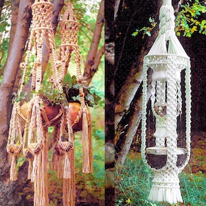 May include: Two macrame plant hangers, one brown and one white, hanging from tree branches. The brown macrame hanger is labeled "Le Grand Page 9" and the white macrame hanger is labeled "La Fontaine Page 11".