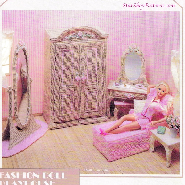 Vintage Plastic Canvas Pattern Book PDF 1:12 Scale Dollhouse Plan 11.5" Doll House Plastic Canvas Bed Dresser Table Wardrobe Vanity Mirror