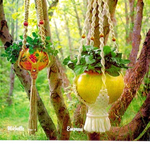 Op de afbeelding: Twee macramé plantenhangers met houten kralen die aan takken van bomen hangen. De linker hanger houdt een terracotta pot met groene planten vast en de rechter hanger houdt een gele pot met groene planten vast. De linker hanger is gelabeld met "Michelle" en de rechter hanger is gelabeld met "Empress".