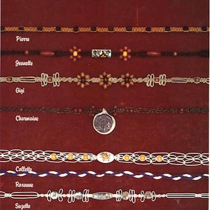 May include: A collection of necklaces with various beads, charms, and materials. The necklaces are displayed on a red velvet background. The names of each necklace are listed below each one: Pierre, Jeanette, Gigi, Charmaine, Collette, Roxanne, Suzette. The text "Necklaces Page 23 - 27 - 28" is at the bottom of the image.