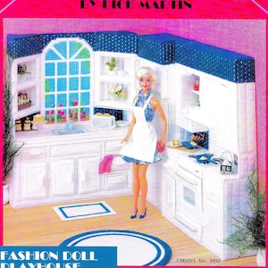 Vintage Plastic Canvas Pattern Book PDF 1:12 Scale Dollhouse Plan Schematic 11.5&quot; Doll House Plastic Canvas Patterns Booklet Country Kitchen