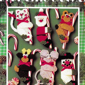 Vintage Plastic Canvas Pattern Book PDF • Candy Cane Climbers Christmas Ornament Plastic Canvas Pattern • Xmas Tree Decoration Pig Cow Frog