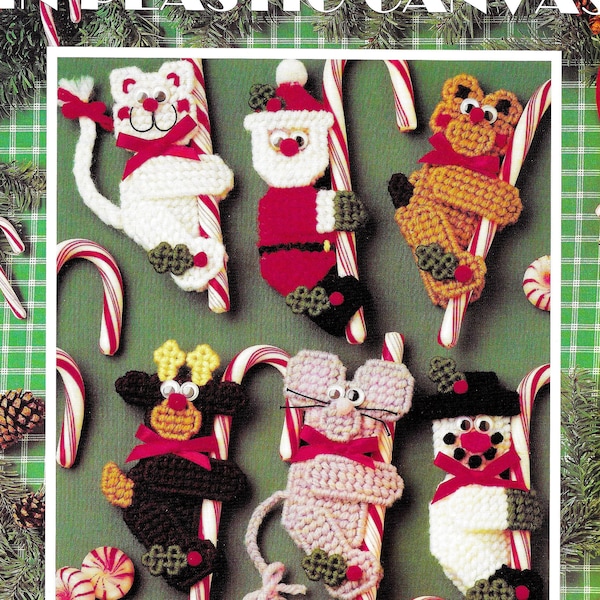 Vintage Plastic Canvas Pattern Book PDF • Candy Cane Climbers Christmas Ornament Plastic Canvas Pattern • Xmas Tree Decoration Pig Cow Frog