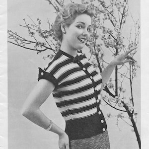 Striped Cardigan Sweater • 1950s Knitting V-Neck Top Jumper Knitted Blouse • 50s Vintage Pattern • Retro Knitwear Women&#39;s Knit Digital PDF