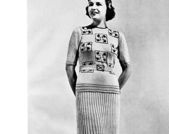 1930s Dress Knitting Pattern PDF • Bust 34" • Knit  Set, Midi, Pullover Sweater Embroidery • 1937