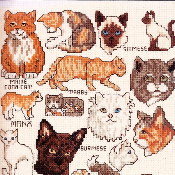 Cat Cross Stitch Pattern Book PDF • Easy Beginner Vintage Cross Stitch Pattern Sampler • Siamese Tabby Manx Maine Coon Cat Burmese Calico