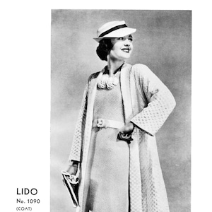 May include: A black and white vintage advertisement featuring a textured knit coat with a roll tuxedo collar, worn over a matching dress with a belted waist. The ensemble includes a light-colored hat with a dark band. Text reads LIDO No. 1090.