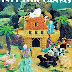 Vintage Plastic Canvas Pattern Book PDF • Noah&#39;s Ark Tissue Box Cover Plastic Canvas Patterns • Baby Mobile Toy Kid&#39;s Bible Story Christian