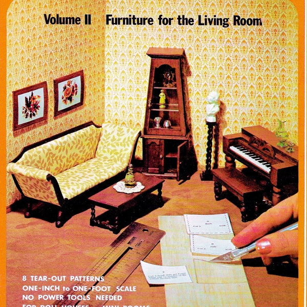 Vintage miniatura casa de muñecas muebles patrón libro PDF eBook juguete casa de muñecas 1:12 escala plan esquemático mini mesa de centro sofá sofá piano