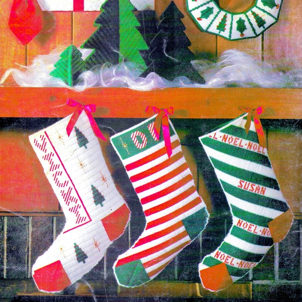 Vintage Plastic Canvas Pattern Book PDF • Xmas Ornaments Christmas Stocking Plastic Canvas Santa Tree Reindeer Snowman Angel Wreath Present