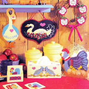 Vintage Plastic Canvas Pattern Book PDF • Country House Plastic Canvas Patterns • Hen Tissue Box Cover Chicken Apple Wreath Basket Welcome