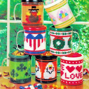 Vintage Plastic Canvas Pattern Book PDF • Holiday Kitchen Mug Plastic Canvas Pattern Christmas Halloween Easter USA St. Patrick&#39;s Day Heart