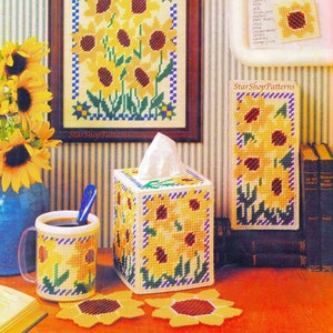 Vintage Plastic Canvas Pattern Book PDF • Sunflower Plastic Canvas Pattern Spring Flower Magnet Coaster Tissue Box Cover Plastic Canvas Mug