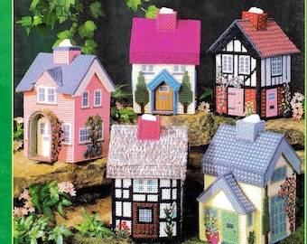 Vintage Plastic Canvas Pattern Book PDF • Cottage Tudor House Tissue Box Cover Plastic Canvas Pattern Town Village City Dollhouse Doll House