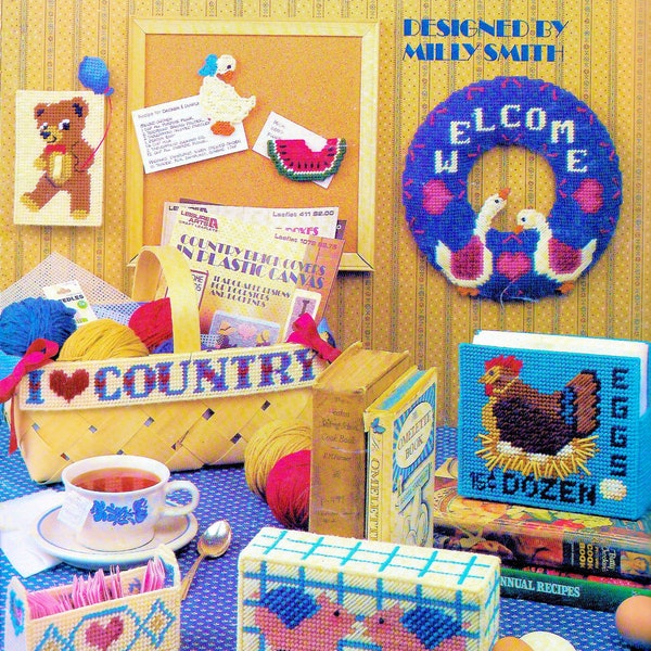 Vintage Plastic Canvas Pattern Book PDF • Country House Plastic Canvas Patterns • Hen Napkin Holder Welcome Sign Magnet Sugar Caddy Duck Pig