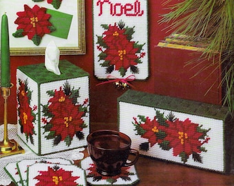 Vintage Plastic Canvas Pattern Book PDF • Poinsettia Christmas Flower Plastic Canvas Pattern • Xmas Magnet Coaster Tissue Box Cover Patterns