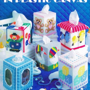 Baby Plastic Canvas Pattern Book PDF • Tissue Box Plastic Canvas Patterns Girl Boy Baby Nursery Room Clown Bear Carousel Duck ABC Blocks Toy