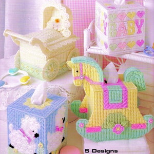 Vintage Plastic Canvas Pattern Book PDF • Tissue Box Plastic Canvas Patterns Girl Boy Baby Carriage Nursery Rocking Horse Toy Pink Blue Lamb