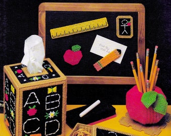 Vintage Plastic Canvas Pattern Book PDF • Teacher Plastic Canvas Patterns • ABC 123 Tissue Box Cover Ruler Pencil Holder School Apple Magnet