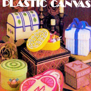 Vintage Plastic Canvas Pattern Book PDF • Spring Floral Flower Treasure Box • Easter Basket Butterfly Heart Box Round Box Oval Gift Box Bow