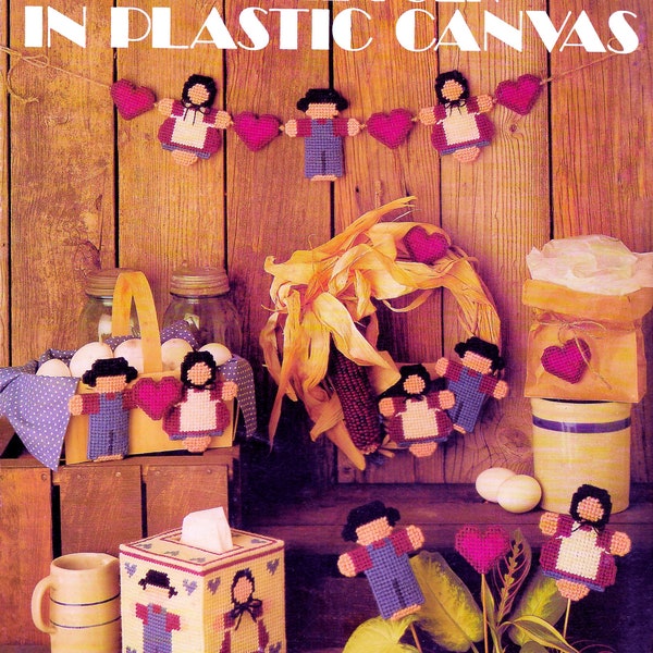 Vintage Plastic Canvas Pattern Book PDF • Country Amish Doll Plastic Canvas Patterns • Heart Tissue Box Cover Magnet Wreath Banner Coaster