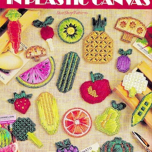 Vintage Plastic Canvas Pattern Book PDF eBook • Vegetable Fruit Food Magnet Plastic Canvas Pattern Orange Strawberry Plum Pear Apple Carrot