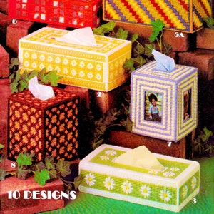 PDF con cartamodello vintage su tela di plastica • Cartamodello per copertina di scatola di fazzoletti di tela di plastica • Decorazione floreale per la casa Margherita Conchiglia Foglia geometrica