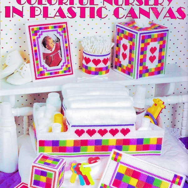Vintage Plastic Canvas Pattern Book PDF • Tissue Box Plastic Canvas Pattern Girl Boy Baby Nursery Toy Rainbow Heart Diaper Holder Frame
