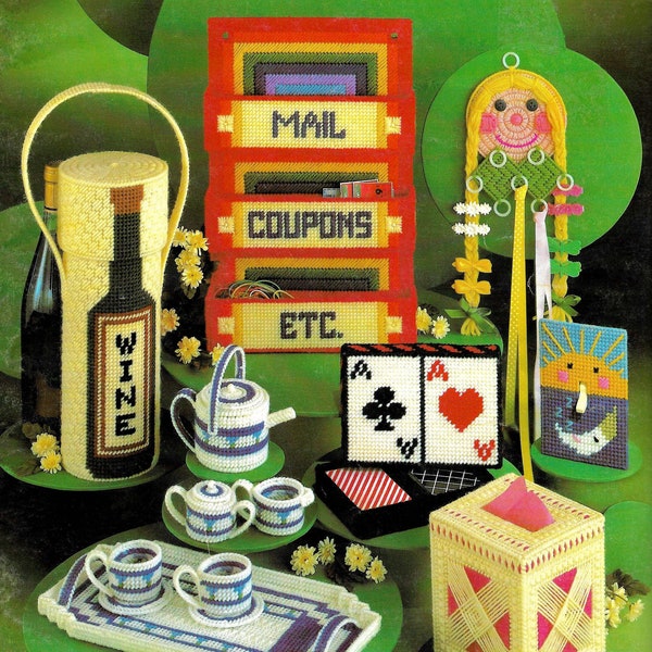 Vintage Plastic Canvas Pattern Book PDF • Plastic Canvas Tissue Box Patterns • Quick Easy Craft Patterns • Wine Teapot Tea Set Cards Mail