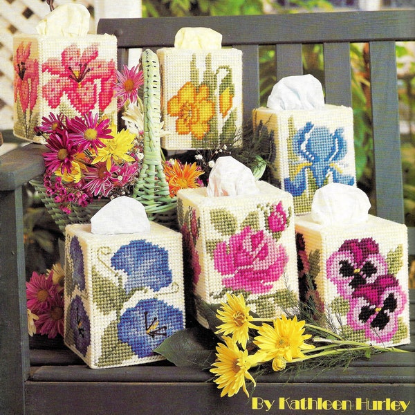 Vintage Plastic Canvas Pattern Book PDF • Plastic Canvas Tissue Box Cover Pattern • Flower Floral Home Decor Iris Lily Pansy Rose Daffodil