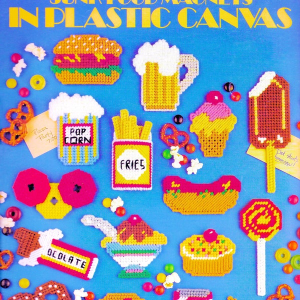 Vintage Plastic Canvas Pattern Book PDF Book • Junk Food Magnet Plastic Canvas Pattern • Hamburger Ice Cream Pizza Popcorn Cupcake Chocolate