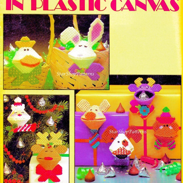 Vintage Plastic Canvas Pattern Book PDF • Squeezum Plastic Canvas Pattern Toy Doll Pattern • Cow Dog Duck Monkey Santa Reindeer Pig Bunny