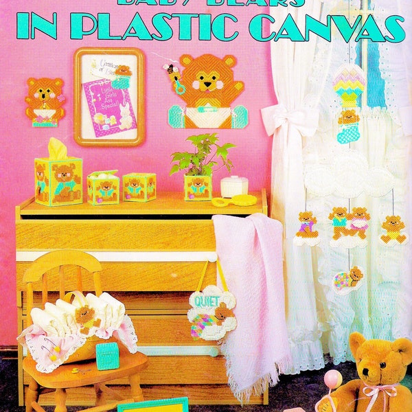 Vintage Plastic Canvas Pattern Book PDF • Teddy Bear Tissue Box Plastic Canvas Patterns Girl Boy Baby Nursery Toy Pink Blue Wall Hanging